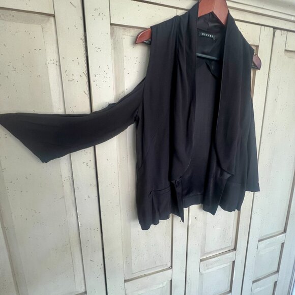 Decker Black Draped Cold Shoulder Blouse, Open Front Silhouette, Size Small - Picture 5 of 9